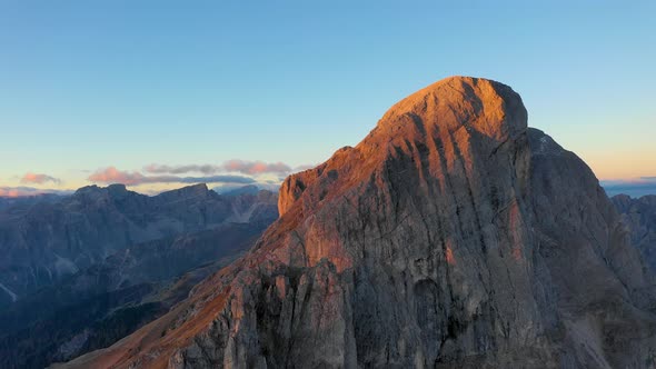 Sunrise in the Province of Bolzano, Dolomites. Bird's-eye View of Mountains and Valleys. Autumn in