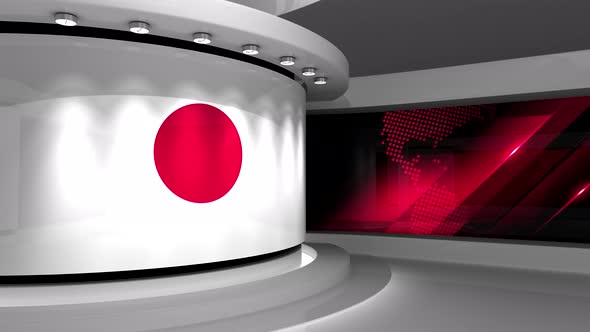 Virtual studio. Japanese flag background.