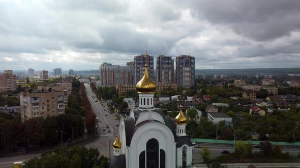 Kharkiv city cathedral aerial. Scenic cityscape