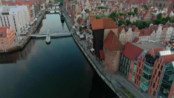 Aerial View of Gdansk City with River Bridges Old and Modern Buildings