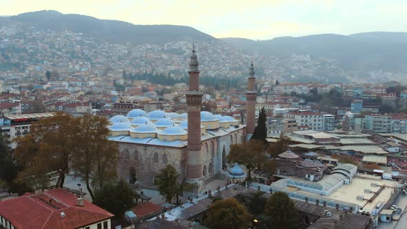 Aerial View of Bursa Historical Grand Mosque with Drone