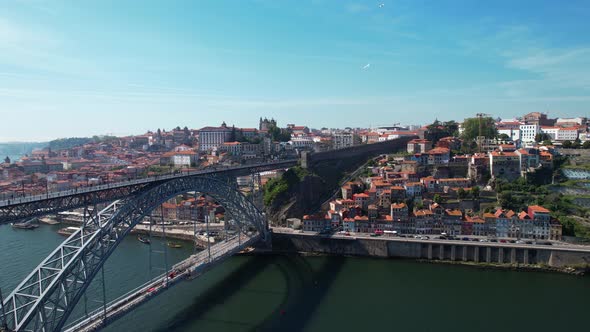 Aerial View of Porto Dom Luis I Bridge Douro River Old Town Portugal