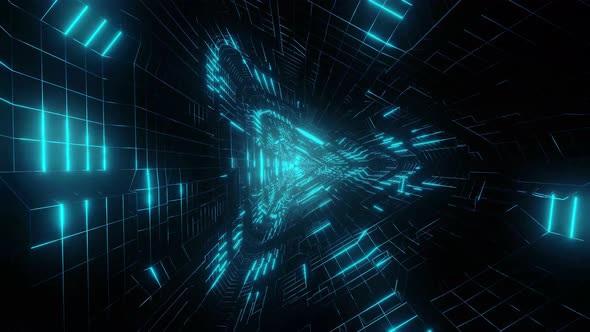 Abstract Tech Structure, Neon Blue Triangle Sci-Fi Tunnel