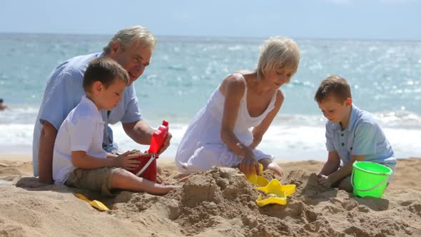 Grandparents play with grandchildren at beach alt