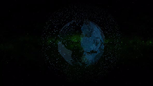 Digital earth rotating. Earth globe rotating with particle motion background.