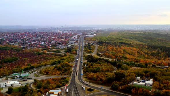 Bird Eye View on Transportation Traffic in an Autumn City