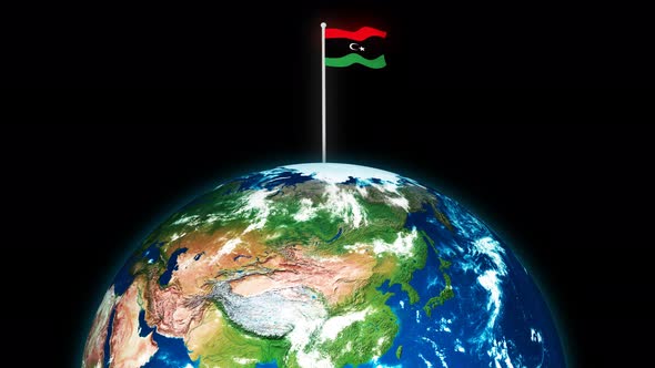 Flag Of Libya Flying Flag On The 3d Rotated Planet Earth alt