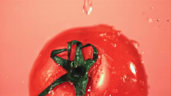 Super Slow Motion on the Ripe Tomato Drops Water alt