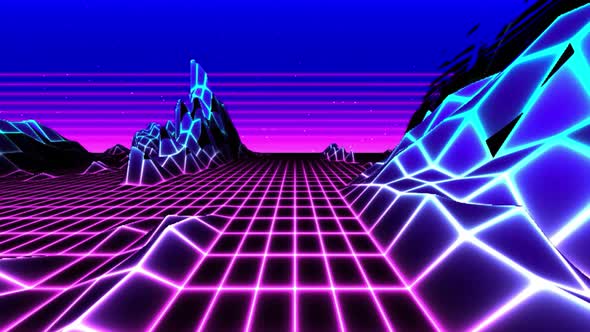 Looped Retro Video Game Horizon Landscape with Neon Lights and Low Poly Terrain