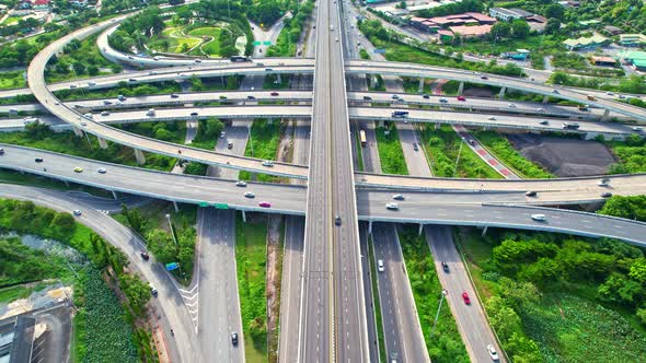 Stunning Aerial view drone shot above freeway traffic alt