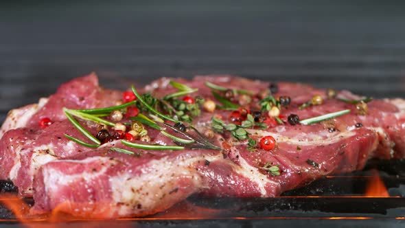 Super Slow Motion Shot of Fresh Beef Meat and Seasoning Falling on Grill at 1000 Fps alt