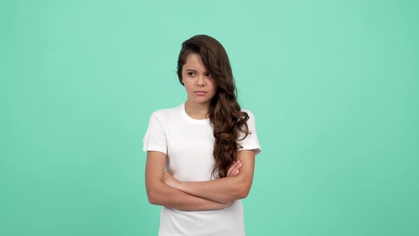 Unhappy Child Crossed Hands Long Curly Hair Feel Sad Sadness