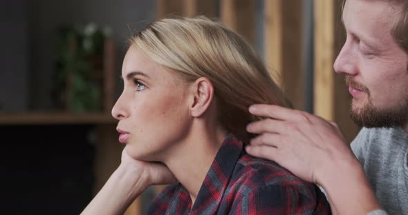 Caring Guy Embracing Frustrated Female Suffering Financial Crisis or Relationship Trouble alt
