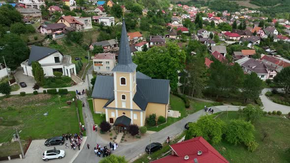 Aerial view of the church in the village of Helcmanovce in Slovakia