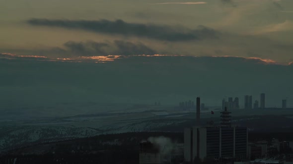 8K Air Pollution in the City at Sunset in Winter