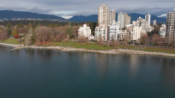 Various drone shots at English Bay near downtown Vancouver, BC during Polar Bear 2019 event alt