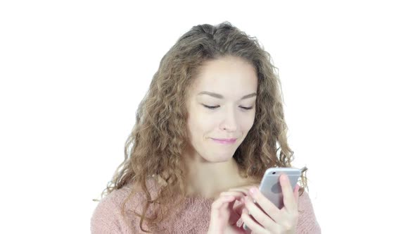 Woman Using Smartphone, White Background alt