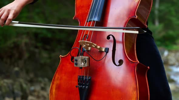 Performance music on nature. Woman performing music on violin on mountain outdoor alt