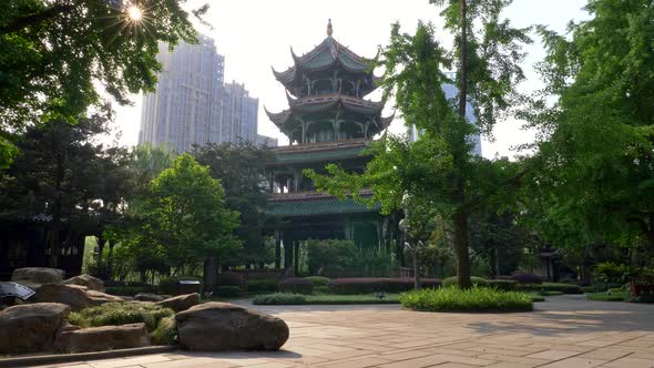 Chengdu, Sichuan, China. Walking in the Wangjiang Pavilion Park Lit By Warm Rays of Sun. Wangjiang alt