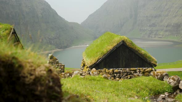 Old Faroese House with Grass Rooftop in the Middle of Mist Nature alt