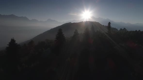 Flying Over the Forest in Mountains in Backlight on Sunrise