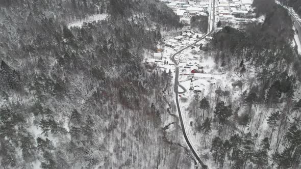 Curved Road in Snowy Valley Forest and Suburb Middle Class Scene Aerial