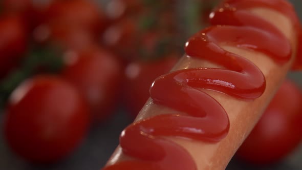 Camera Movement on Boiled Sausage with Ketchup on Background of Fresh Tomatoes