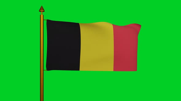 National flag of Belgium waving with flagpole on chroma key, Kingdom of Belgium Royaume de Belgique alt
