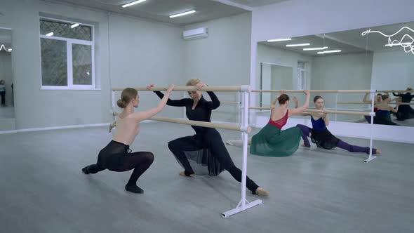 Four Caucasian Slim Graceful Women Doing Tendu Plie Ballet Movement at Barre Rehearsing in Dance alt