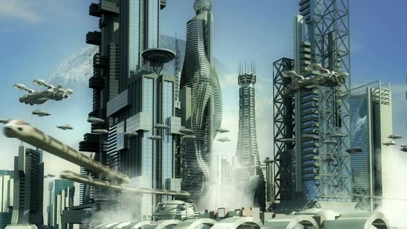 Futuristic City With Hovering Aircrafts alt