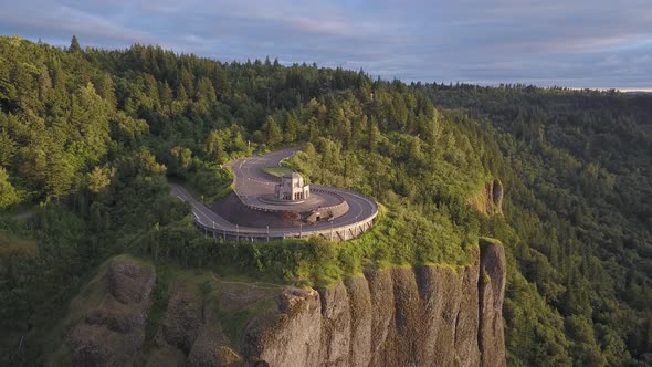 Aerial orbit of the iconic Vista House outside of Portland, Oregon. alt