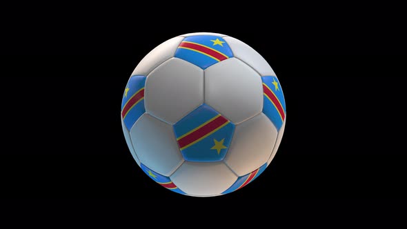 Soccer ball with flag Congo DR, on black background loop alpha