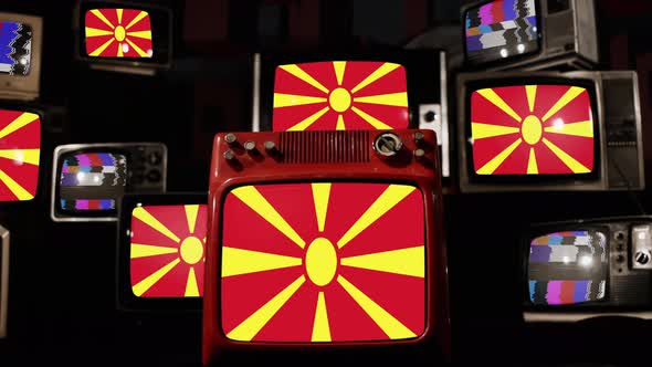 Flag of North Macedonia on Retro TVs. 4K.
