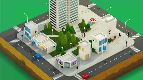 Low poly 3d animation of the city life. Urban aerial view of the city block.
