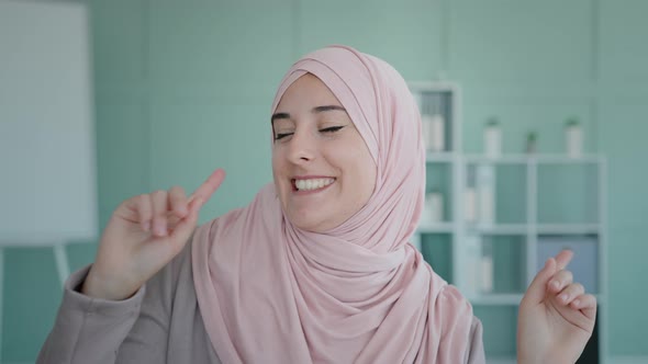 Arab Islamic Muslim Girl in Pink Hijab Businesswoman Cheerful Happy Lady Dancing Move Actively alt