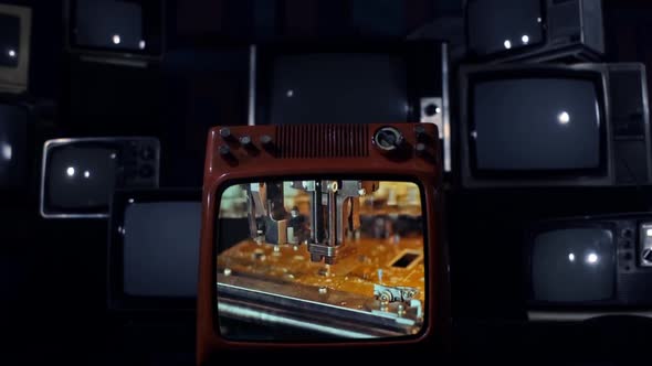 PCB Assembly Machine On Retro TV Exploding At The End. alt