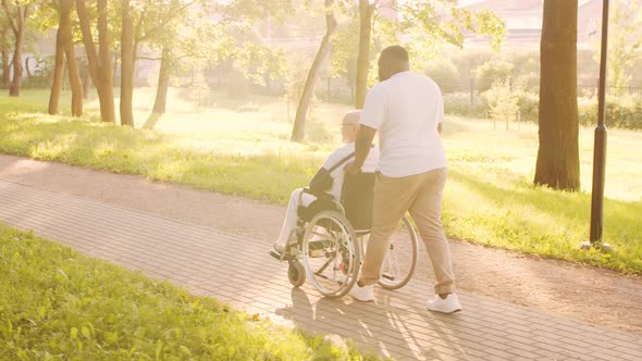 African-American caregiver and old disabled man in a wheelchair. Nurse and patient. alt