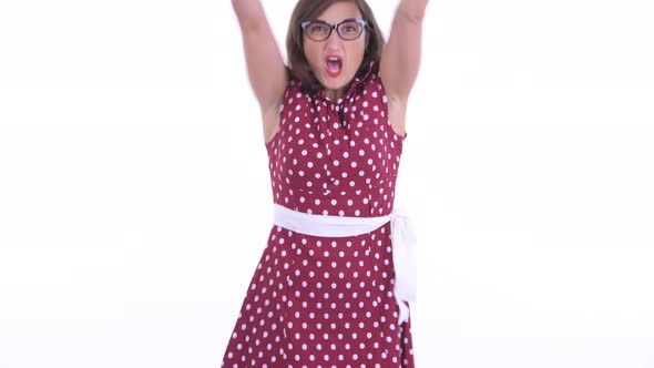 Happy Beautiful Woman with Eyeglasses Getting Good News alt