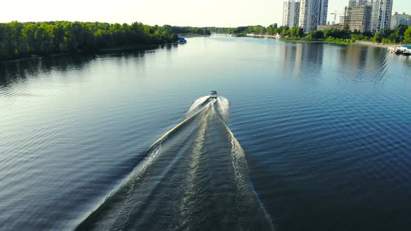 Motor Boat Moving Fast on a River, Aerial View