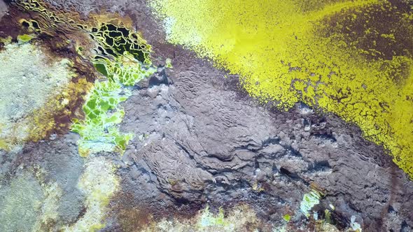 The hottest hydrothermal place on Earth. Birds eye view of Dallol, volcanic colorful landscape alt