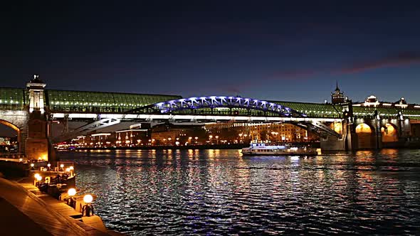 View of the Pushkinsky (Andreevsky) Bridge and Moskva River (at night). Moscow, Russia  