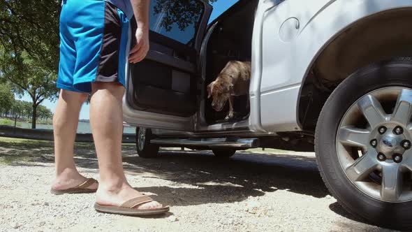 Man opening a truck door to let his dog out so they can go exploring alt
