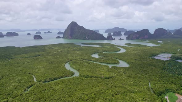 Aerial view Drone flying shot over sea. Beautiful mountain landscape in Phang Nga bay Thailand alt