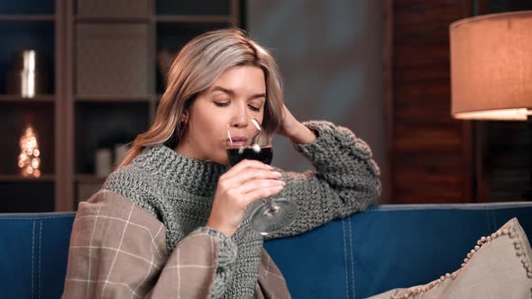 Pensive Woman Warm Plaid Drinking Red Wine Goblet Thinking Suffering Loneliness Evening Winter Home alt