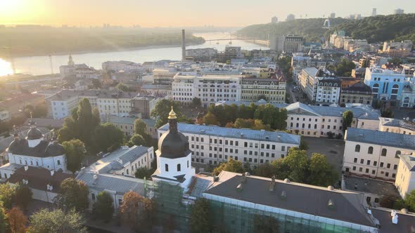 Historical District of Kyiv - Podil in the Morning at Dawn. Ukraine. Aerial View alt