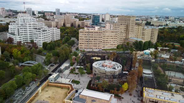 Kharkiv city center buildings and zoo aerial view