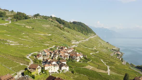 Overflying typical village (Epesses) in Lavaux vineyard - Switzerland alt