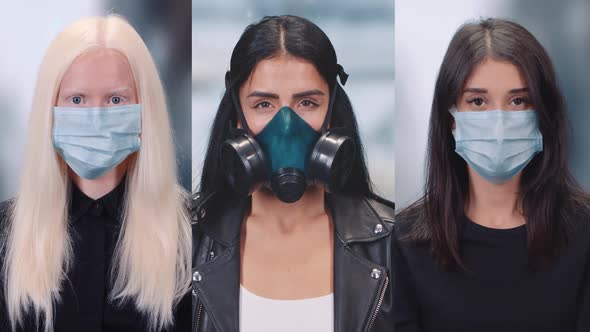 Portraits of Young Females in Protective Medical Masks and Respirators, Womans Looking at the Camera alt