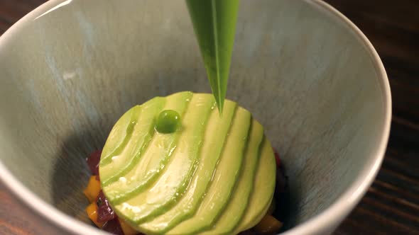 Extreme Close Up of Fresh Salmon Tuna and Avocado Tartar in Restaurant Cafe Poke Bowl Chef Decorate alt