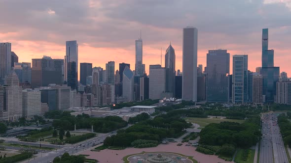 Flying Over Grant Park at Sunset - Chicago alt